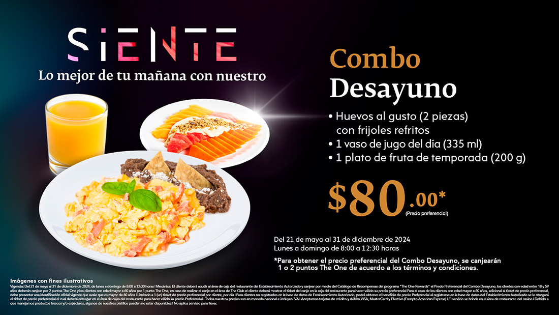 COMBO DESAYUNO por $80.00* en Golden Island Casino